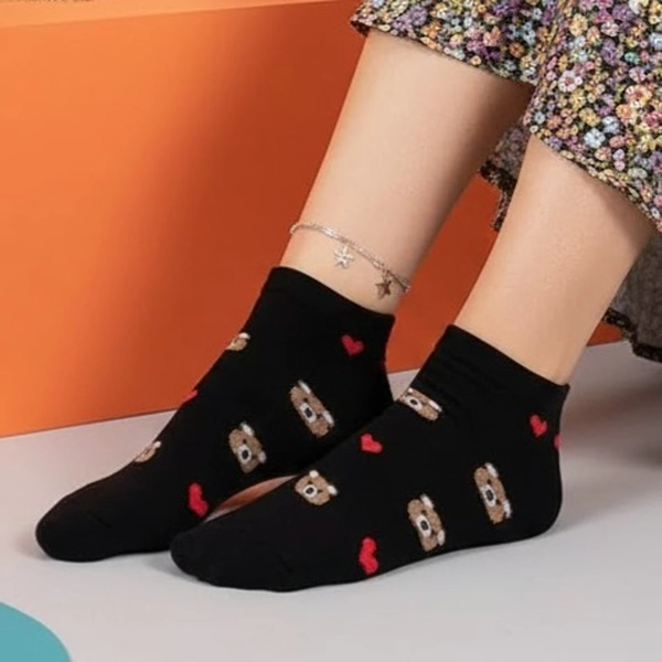 جوراب نیم ساق پنبه ای طرحدار خرسی قلبی 7008 روما